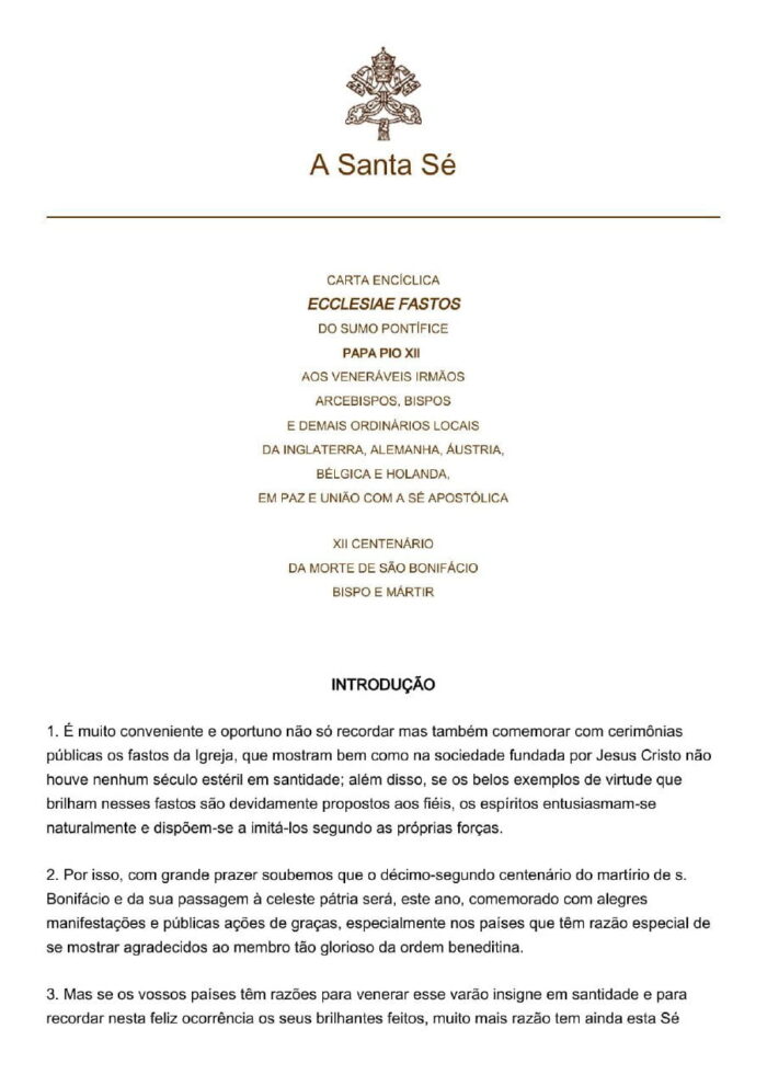 Encíclica Ecclesiae fastos - Papa Pio XII