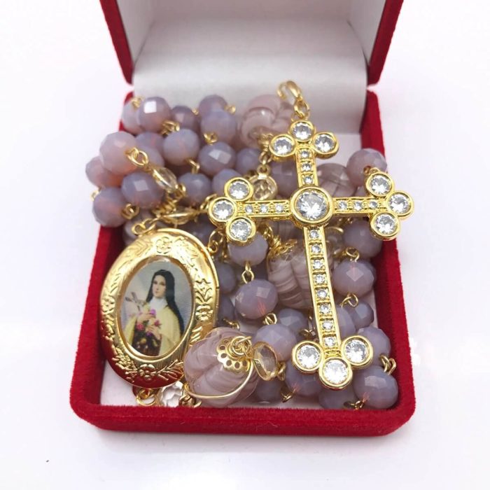 Terço De Santa Teresinha Cristal Lilás Com Relicário - Imagem 2