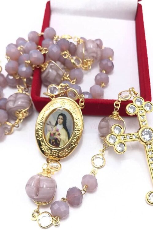 Terço De Santa Teresinha Cristal Lilás Com Relicário
